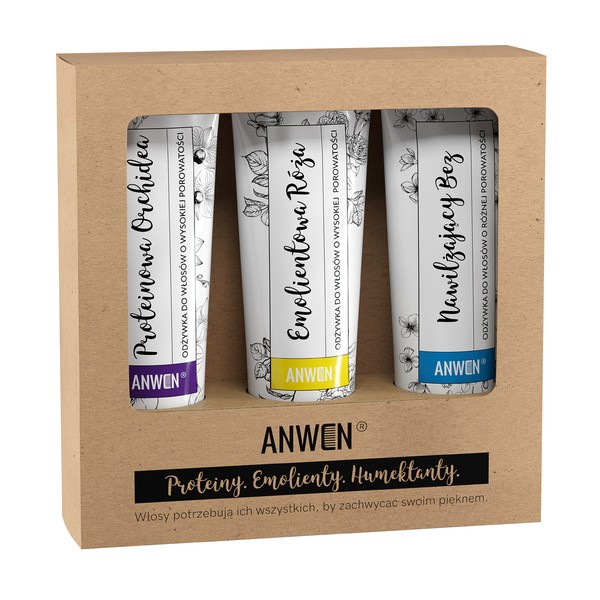 Zestaw odżywek do wysokiej porowatości Anwen, proteinowa orchidea + emolientowa róża + nawilżający bez, 3x100 ml