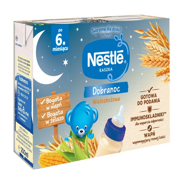 Nestle, kaszka wielozbożowa, Dobranoc, gotowa do podania, 6 m+, 2 x 200 ml