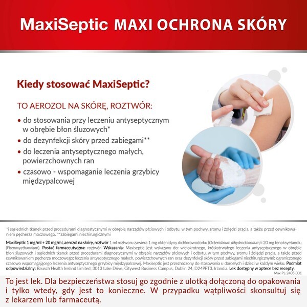 Maxiseptic, 1 mg/ml + 20 mg/ml, aerozol na skórę, 250 ml