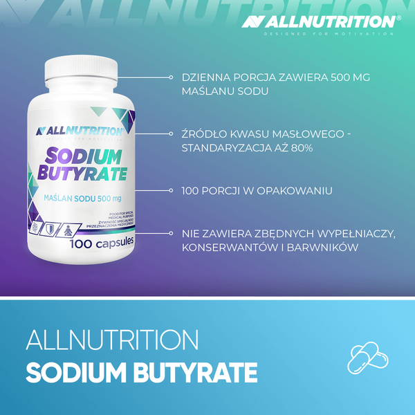 Allnutrition Sodium Butyrate, Maślan sodu 500 mg, kapsułki, 100 szt.