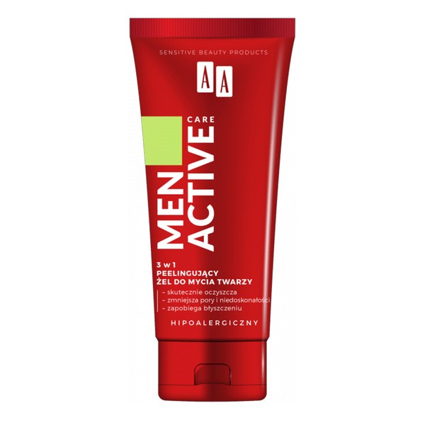 AA Men Active Care 3w1, peelingujący żel do mycia twarzy, 150 ml