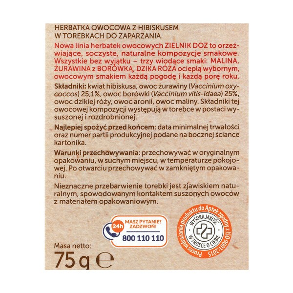 ZIELNIK DOZ Żurawina z borówką, herbatka owocowa z hibiskusem, 30 x 2,5 g