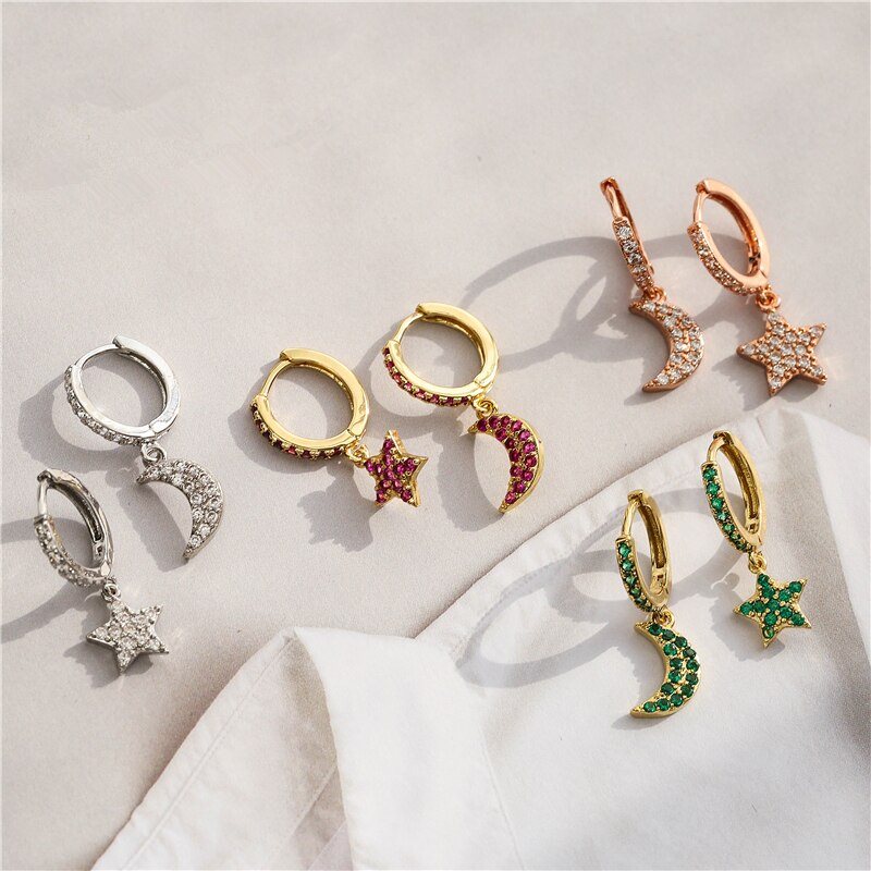 HECHENG,1 para, blyszczace Cubic cyrkon gwiazda kolczyki w ksztalcie ksiezyca, dobrej jakosci male kolczyki w ksztalcie obreczy dla kobiet bizuteria dziewczeca