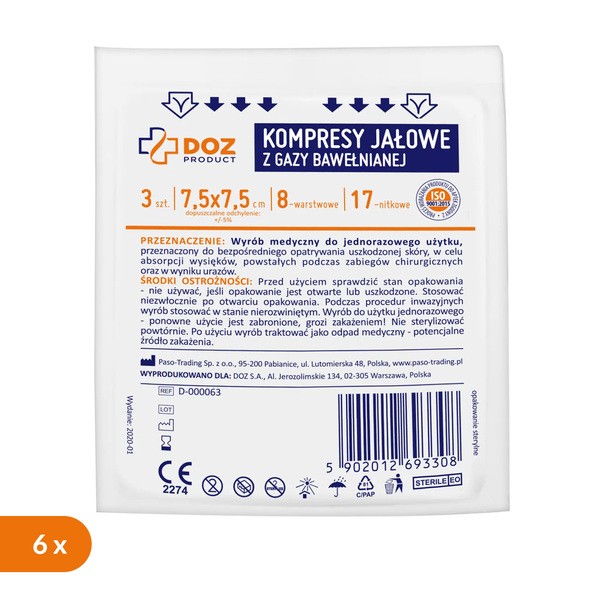 Zestaw 6x DOZ PRODUCT, kompresy jałowe z gazy bawełnianej, 17-nitkowe, 8-warstwowe, 7,5 cm x 7,5 cm, 3 szt.