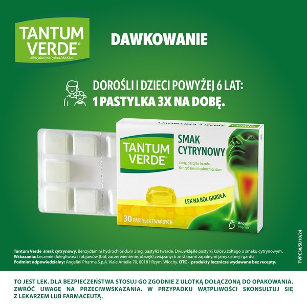 Tantum Verde smak cytrynowy, 3 mg, pastylki twarde, 30 szt.