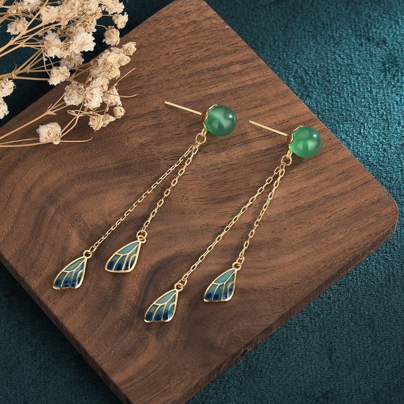 Vintage kobiety stadniny dlugie kolczyki zwisajace pioro Cloisonne zielony chalcedon bizuteria prezent przynoszacy szczescie dla pani