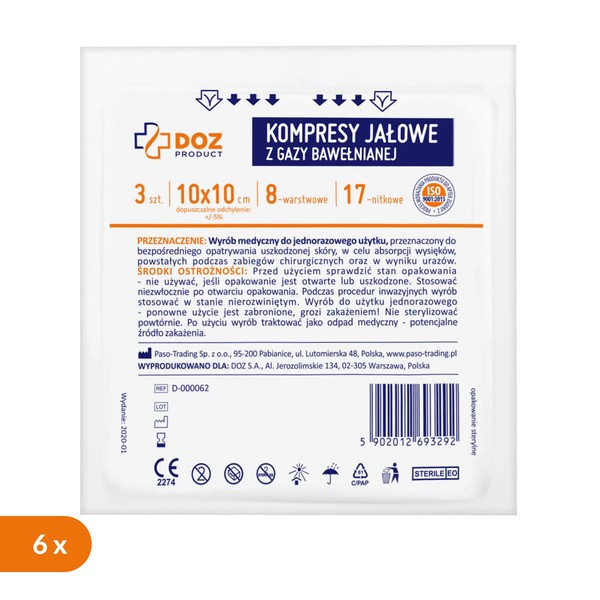 Zestaw 6x DOZ PRODUCT, kompresy jałowe z gazy bawełnianej, 17-nitkowe, 8-warstwowe, 10 cm x 10 cm, 3 szt.