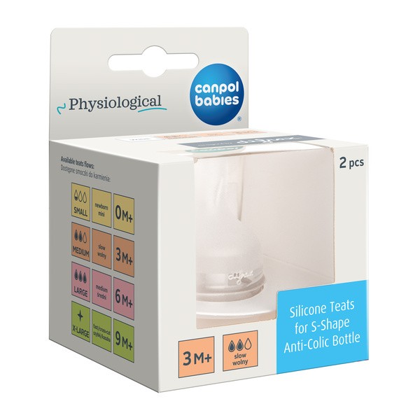Canpol Babies, smoczek silikonowy do butelki S-Shape M (wolny), 3 m+, 2 szt.