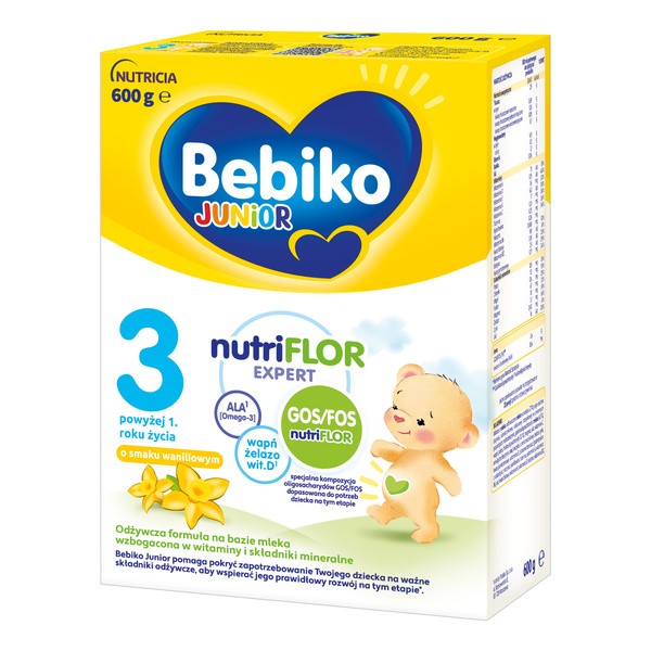 Bebiko Junior 3 NUTRIflor Expert, odżywcza formuła na bazie mleka o smaku waniliowym, powyżej 1. roku życia,  proszek, 600 g