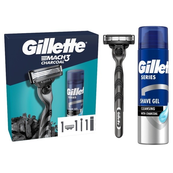 Zestaw Gillette, maszynka do golenia Mach3 + Series, oczyszczający żel do golenia, 75 ml