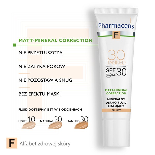 Pharmaceris F, mineralny dermo-fluid matujący SPF 30, 30 Tanned, 30 ml