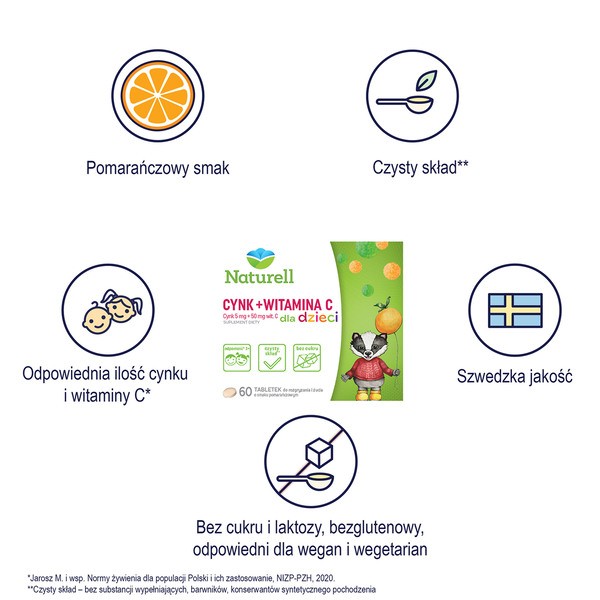 Naturell Cynk + Witamina C dla dzieci, tabletki do rozgryzania i żucia, smak pomarańczowy, 60 szt.