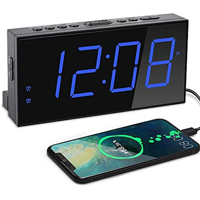 Dubbele wekker voor de slaapkamer, elektrische wekker met groot display, USB-oplader, batterijback-up, dimmer, 4 alarmvolumes, zomer-/wintertijd (12/24 uur) voor naast het bed, geschikt voor diepe slapers, kinderen, senioren, tieners en jongens.