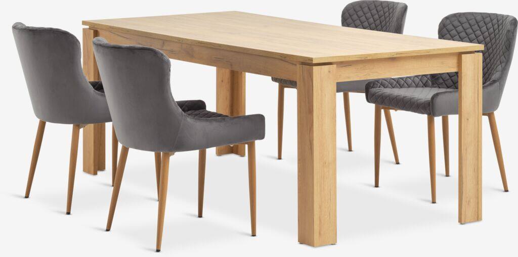 LINTRUP PEBRINGE LINTRUP L190/280 egetræsbord 4 PEBRINGE stol grå fløjl
