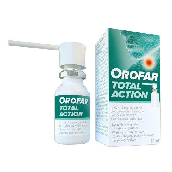 Orofar Total Action, 2 mg+1,5 mg/ml, aerozol do stosowania w jamie ustnej, 30 ml