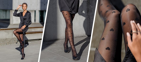 Veera Fashion, rajstopy wzorzyste, 70 DEN, czarne w serca, rozmiar XL