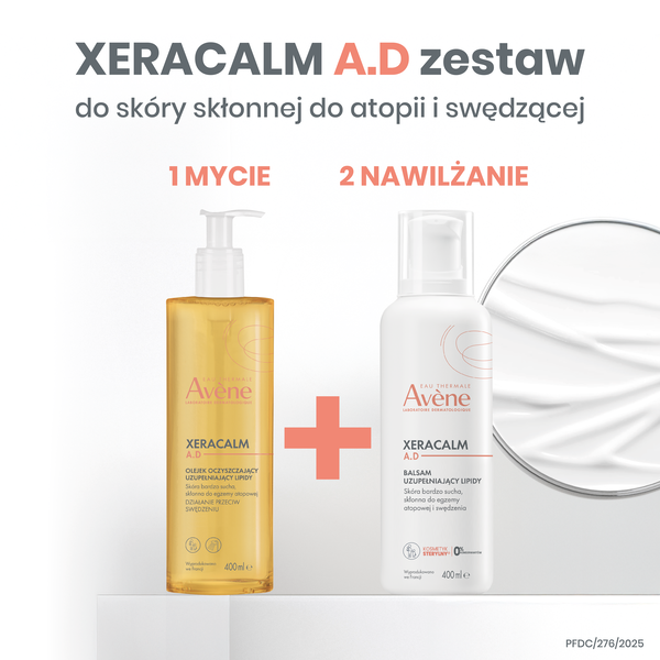 Zestaw Avene Eau Thermale Xera Calm A.D, uzupełniający lipidy olejek oczyszczający, 400 ml + balsam uzupełniający lipidy, 400 ml