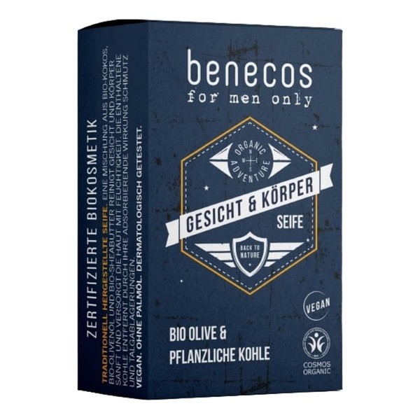 Benecos For Men Only, naturalne mydło do twarzy i ciała w kostce dla mężczyzn, 75 g