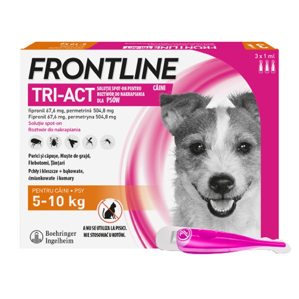 Frontline Tri-Act Spot-on S Pies 5-10 kg, potrójna ochrona przed pasożytami, krople w pipetach, 1 ml x 3 szt.