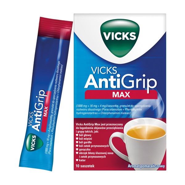 Vicks AntiGrip Max, granulki do sporządzania roztworu doustnego, 10 saszetek