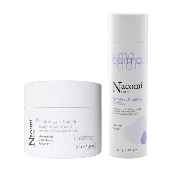 Zestaw Nacomi Next LVL Dermo, kojąca maska do skóry głowy i włosów, zapobiegająca wypadaniu, 150 ml + szampon do włosów, nawilżająco-łagodzący, 250 ml