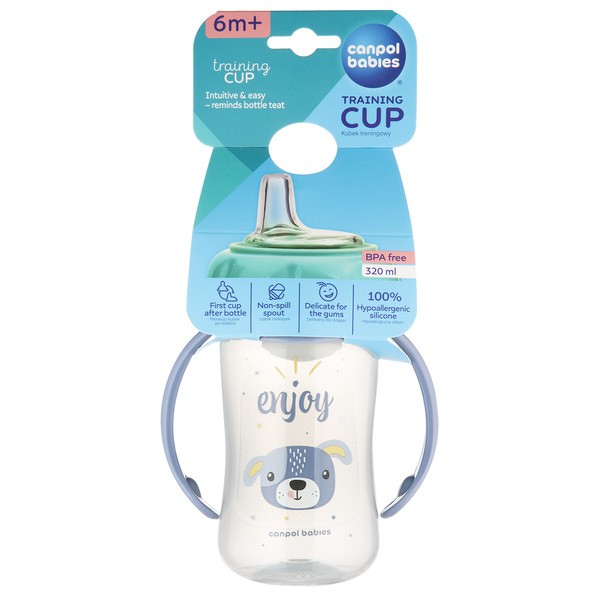 Canpol Babies, kubek treningowy Cute Animlas, 320 ml, niebieski, 1 szt.