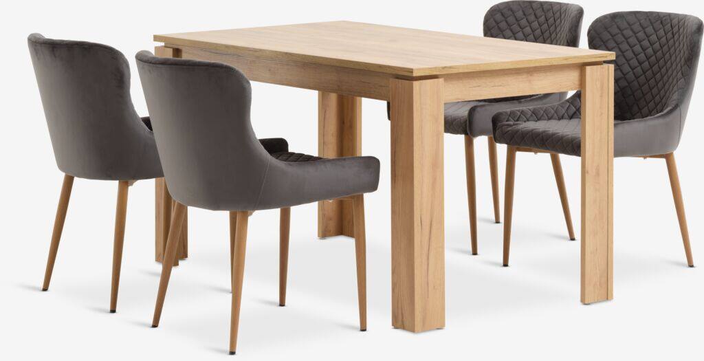 LINTRUP PEBRINGE LINTRUP L140 egetræsbord 4 PEBRINGE stol grå fløjl