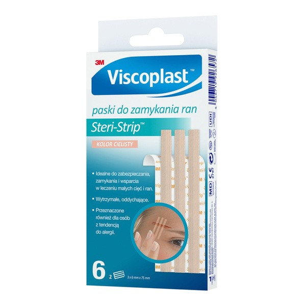 Viscoplast Steri-Strip, paski do zamykania ran, 6 mm x 75 mm, cieliste, 6 szt.