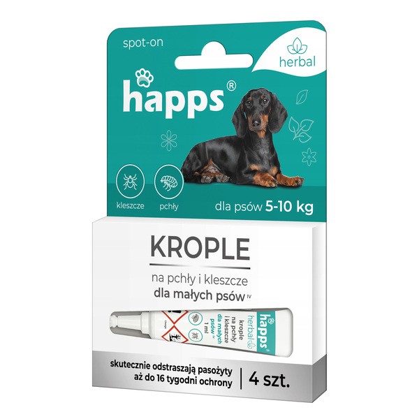 Happs Herbal, krople przeciw pchłom i kleszczom dla małych psów, do 10 kg, 2,5 ml x 4 szt.