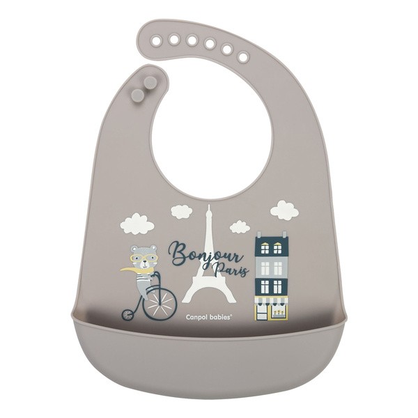 Canpol Babies, śliniak silikonowy z kieszonką Bonjour, beżowy, 1 szt.