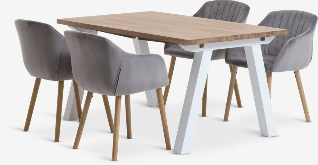 SKAGEN ADSLEV SKAGEN L150 bord hvid/eg 4 ADSLEV stol grå fløjl