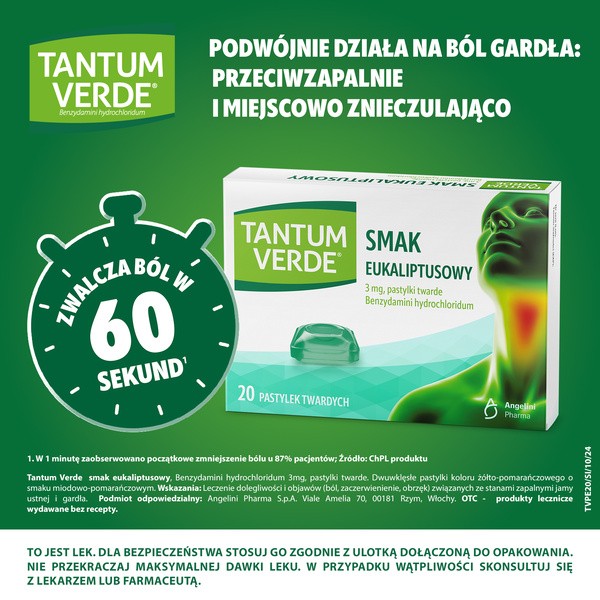 Tantum Verde smak eukaliptusowy, 3 mg, pastylki twarde, 20 szt.