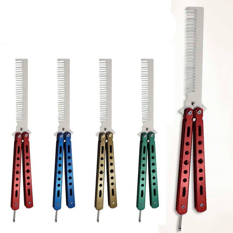 GORĄCA WYPRZEDAŻ 1 szt. Składany grzebień ze stali nierdzewnej do ćwiczeń, nóż motylkowy, grzebień do brody i wąsów, narzędzie fryzjerskie