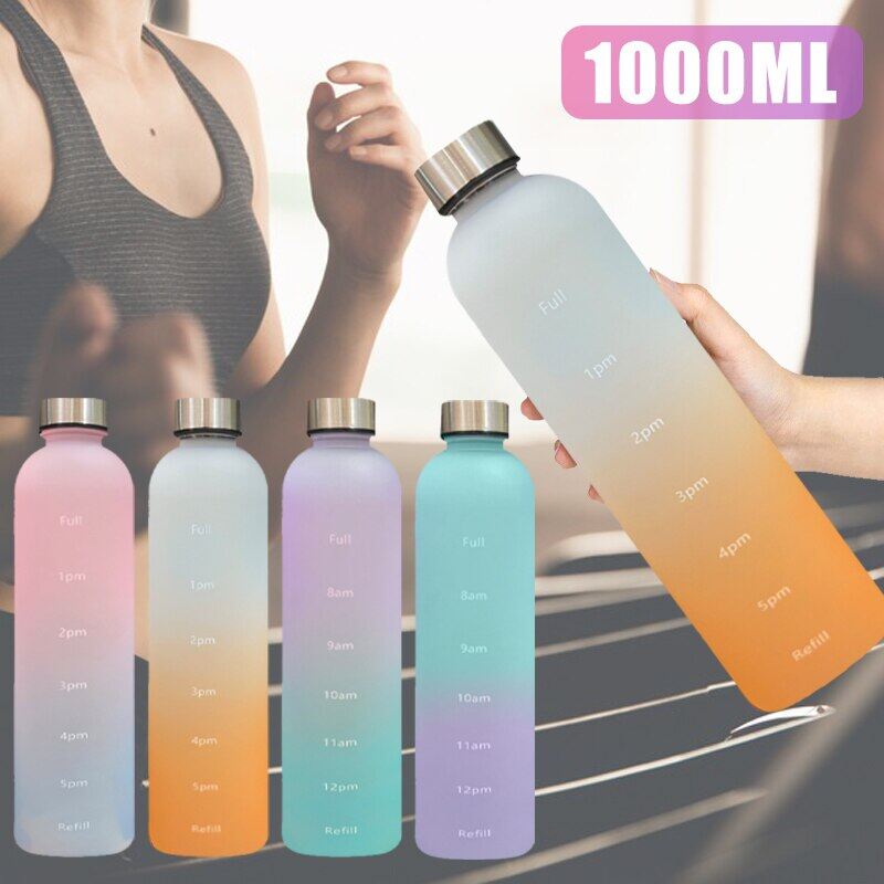 Butelka na wodę 1L z znacznikiem czasu, gradientowe matowe kubki plastikowe, motywacyjne, wielokrotnego użytku, fitness, sport, na zewnątrz, szczelne, bez BPA