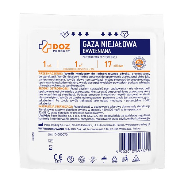 Zestaw 4x DOZ PRODUCT, gaza niejałowa, bawełniana, 17-nitkowa, 1 m2, 1 szt.