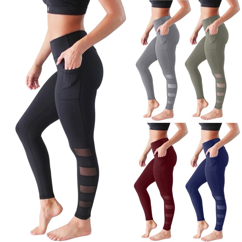Energinätstights med fickor, elastiska yogabyxor för kvinnor, löpning, träning, svarta gymleggings, fitness, sportleggings för kvinnor