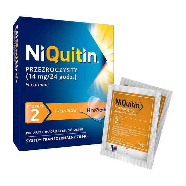 Niquitin przezroczysty, 14 mg/24 h, system transdermalny 78 mg, stopień 2, plastry, 7 szt.