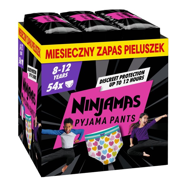 Pampers Ninjamas, pieluchomajtki dla dziewczynki, rozmiar 8 (8-12 lat), 54 szt.