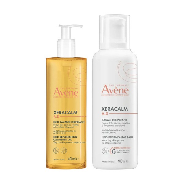 Zestaw Avene Eau Thermale Xera Calm A.D, uzupełniający lipidy olejek oczyszczający, 400 ml + balsam uzupełniający lipidy, 400 ml
