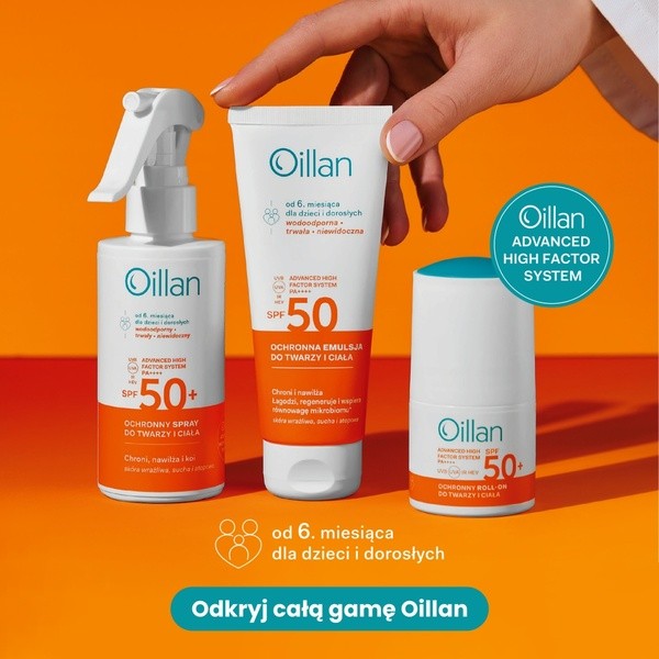 Oillan Sun, ochronny spray przeciwsłoneczny do twarzy i ciała SPF50 do skóry wrażliwej, 125 ml