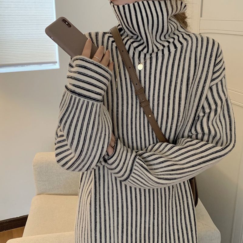 Damskie luźne sukienki dzianinowe w dużych rozmiarach, europejskie zimowe, designerskie, golfy w paski, swetry codzienne, podstawowe, imprezowe, długie, cięte sukienki