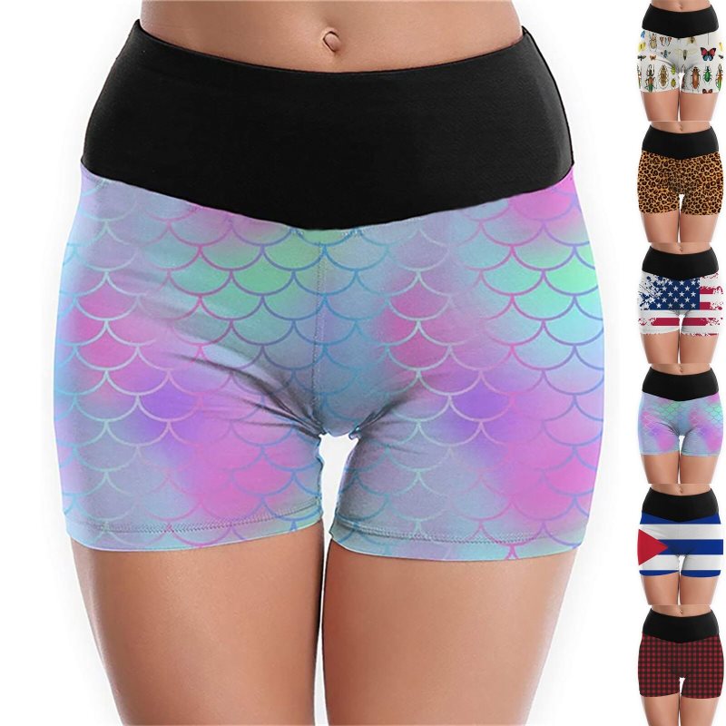 Högmidjade träningsshorts för vardagsbruk, tajta byxor, färgglada tryck, fitness, sport, gymleggings för kvinnor