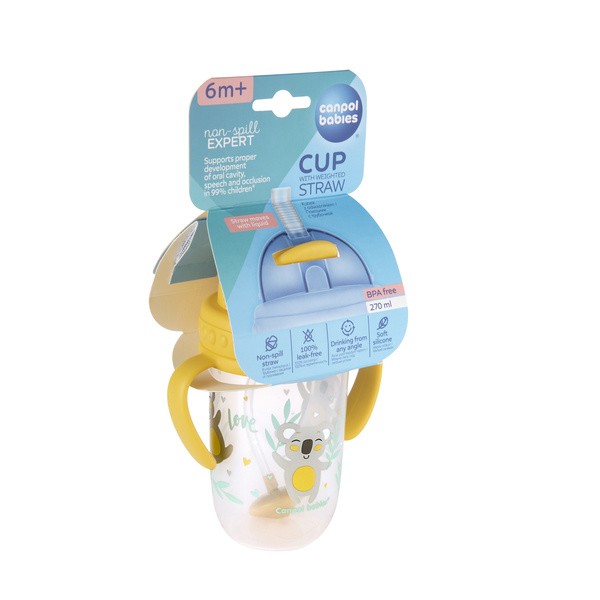 Canpol Babies, kubek niekapek z rurką i odważnikiem Exotic Animals, żółty, 270 ml, 1 szt.