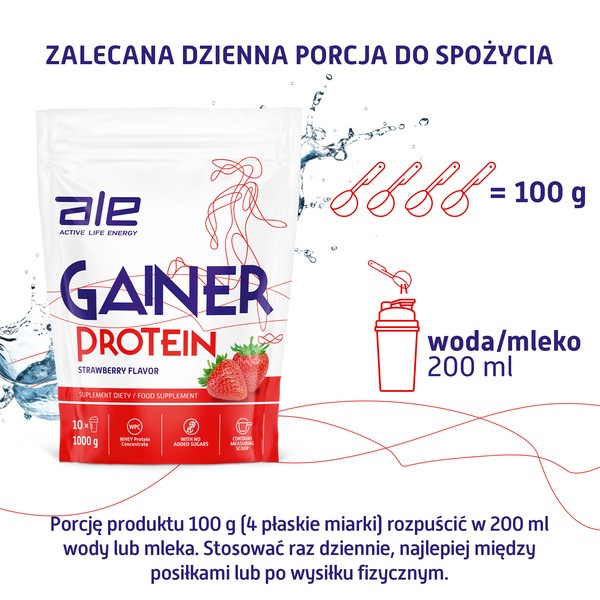 ALE Gainer Protein Strawberry Flavor, proszek, 1000 g