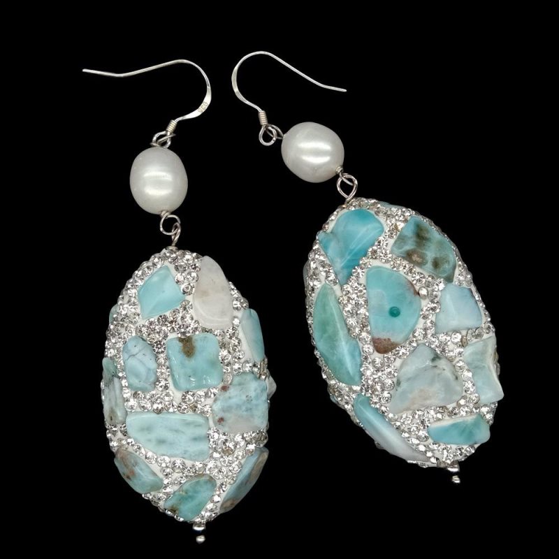 Kolczyki YYGEM z naturalnego srebra niebiańskiego Larimar z kryształem górskim Pave z owalną perłą ryżową z hodowli białej perły ze srebra próby 925