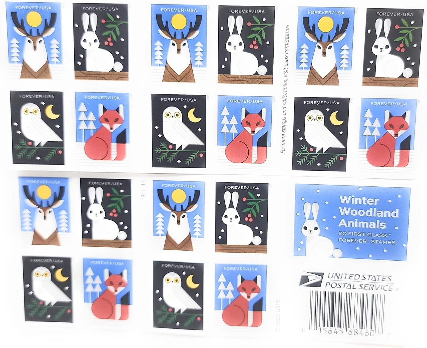 2023 Winter Woodland Animals Forever Postage Stamps (a Deer. Fox. Rabbit. and Owl