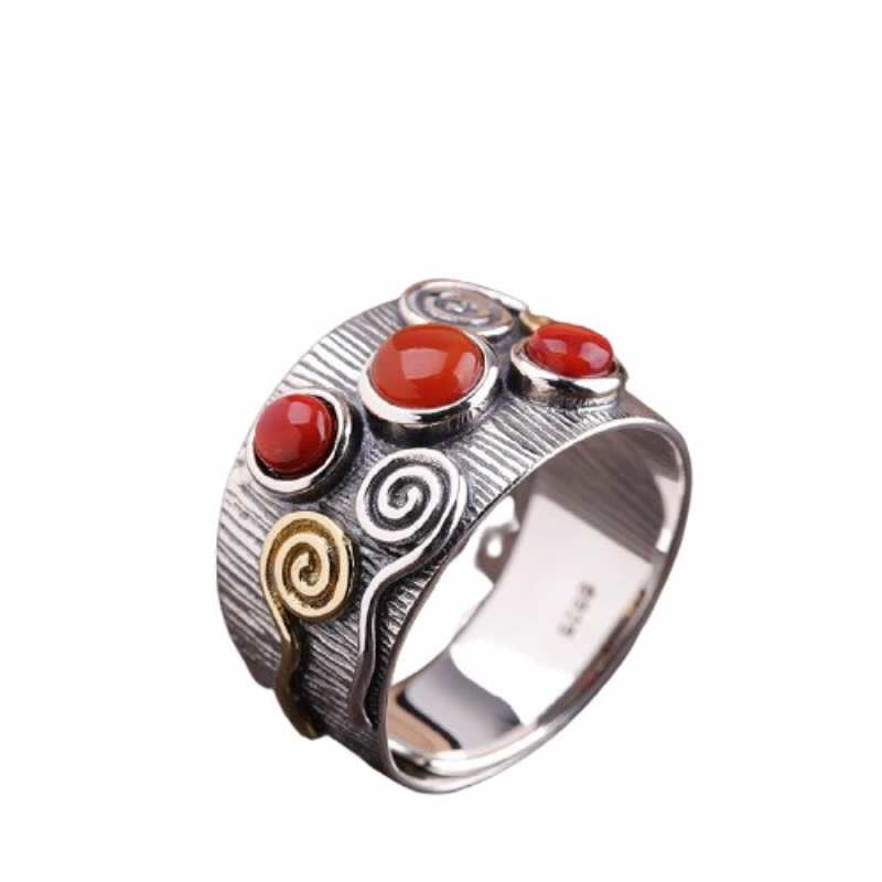Trend tajski srebrny S925 drobny srebrny regulowany damski pierscionek z poludniowego czerwonego Xiangyun