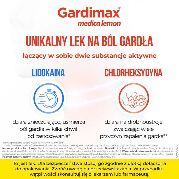 Gardimax medica lemon, 5 mg+1 mg, tabletki do ssania bez cukru, 24 szt.