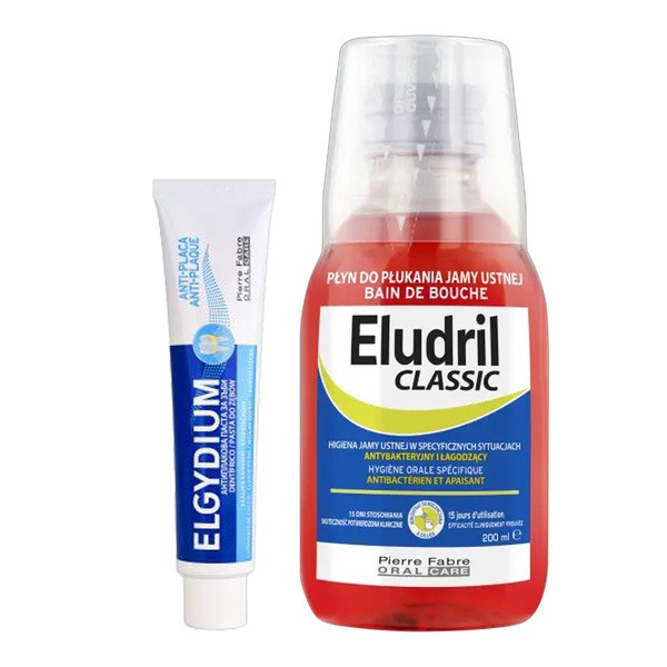 Zestaw do higieny jamy ustnej, Eludril Classic, płyn do płukania jamy ustnej, 200 ml + Elgydium Anti Plaque, pasta do zębów, 75 ml
