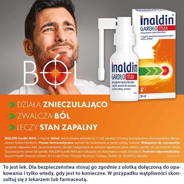 Inaldin Gardło Max, 3 mg/ml, aerozol do stosowania w jamie ustnej, 30 ml